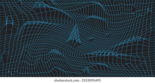 Abstract wavy 3d mesh on a blue background. Geometric dynamic wave. 3D technology wireframe. Vector illustration.