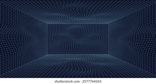 Abstract wavy 3d mesh on a blue background. Geometric dynamic wave. 3D technology wireframe. Vector illustration.