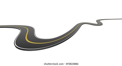 Abstract wavy asphalt road going from side to side isolated on white background.