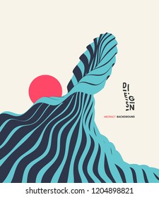 Abstract wavy background. Asian illustration of ocean waves and sun. Cover design template. Futuristic vector pattern. 