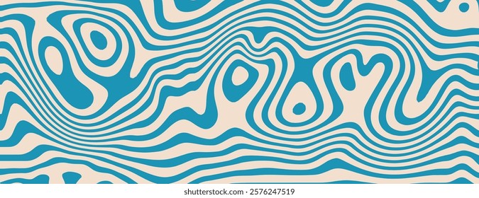 Abstract wavy background with blue and beige colors. The background features blue lines creating a flowing, organic texture. Psychedelic pattern background vector. Blue background.