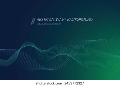 Abstract wavy background, blue and green hues, multicolor, technology, backdrop, abstract, background, movement, wallpaper, flowing, liquid, fluid, vibrant, wavy gradient lines. Vector illustration.