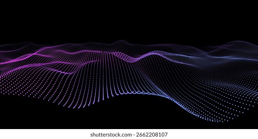 Abstractas puntos de color de fondo ondulado en líneas en la oscuridad. Matriz con partículas en líneas dinámicas en el ciberespacio. Concepto de tecnología de big data de estilo futurista.