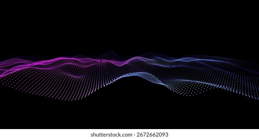 Abstractas puntos de color de fondo ondulado en líneas sobre negro. Matriz con partículas en líneas dinámicas en el ciberespacio. Concepto de tecnología de big data de estilo futurista.