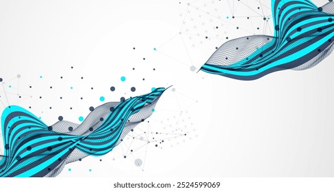Fondo ondulado Abstractas con líneas cian y onda de alambre. Vector dibujado a mano.
