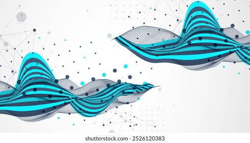 Abstract wavy background with cyan lines and wireframe wave. Hand drawn vector.