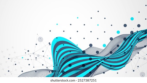 Abstract wavy background with cyan lines and wireframe wave. Hand drawn vector.
