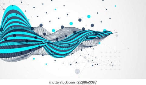 Abstract wavy background with cyan lines and wireframe wave. Hand drawn vector.