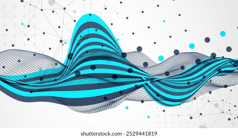 Abstract wavy background with cyan lines and wireframe wave. Hand drawn vector.