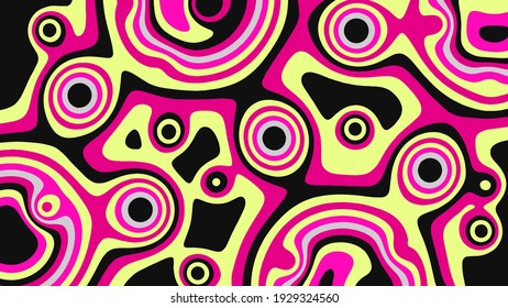 Abstract wavy background in different bright colors. Smooth shapes in the form of various contours and circles. Vector illustration.