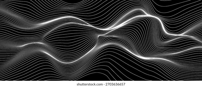 Abstrakter wellenförmiger Hintergrund für digitales, wissenschaftliches oder technisches Design. 3D-Wellenformen auf schwarzem Hintergrund. Gebogene wellenförmige Linien.