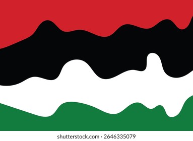 Abstract wavy background featuring horizontal red, black, white, and green stripes symbolizing the Palestinian flag