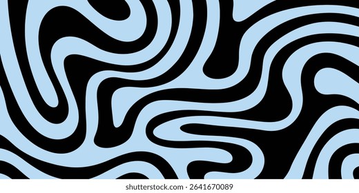 Abstract wavy background with fluid, flowing lines in light blue and black. Modern psychedelic pattern suitable for backgrounds, wallpapers, posters, and textile design.
