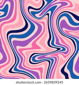 Abstract wavy background with fluid, psychedelic lines in pink, purple, and blue tones, creating a retro, groovy pattern.