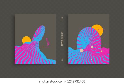 Abstract wavy background. Futuristic illustration of ocean waves and sun. Cover design template. Vector pattern.