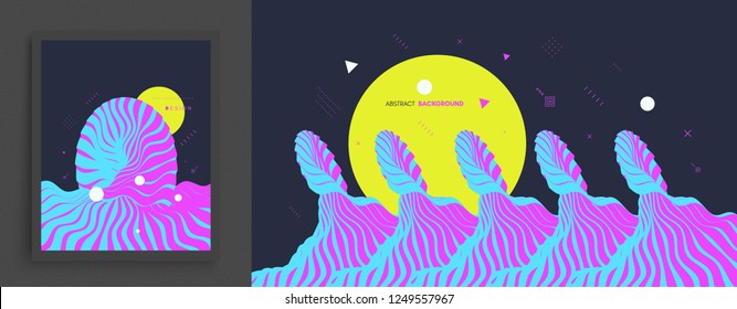 Abstract wavy background. Futuristic illustration of ocean waves and sun. Cover design template. Vector pattern.