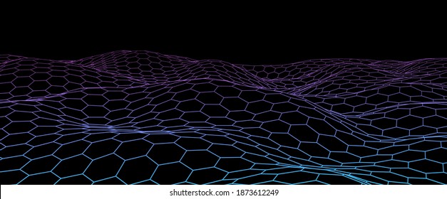 Abstrakter, gewellter Hintergrund mit Wabenmuster. Technologiedesign. Hexagon Gitterlandschaft. Vektorgrafik