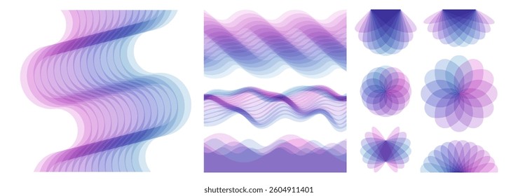 Abstract wavy background made of many overlapping stripes and with dynamic effect. Ocean seascape. Sea surface. Realistic landscape with waves. Sphere. Abstract geometric design. 3D vector for design.