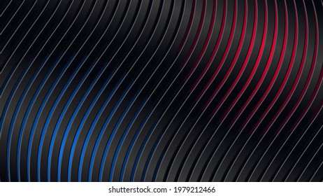 Resumen fondo ondulado con rayas metálicas, manchas azules y rojas. Ilustración del vector