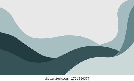 Fundo ondulado abstrato com camadas orgânicas em verde sábio e azul-petróleo. Vetor moderno minimalista para web design, branding e banners de mídia social.
