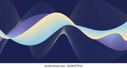 Abstract Wavy Background Pastel Blue, Purple, and Yellow Swirls on Dark Blue