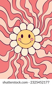 Abstract wavy background with smiling flower. Groovy hippie 70s posters. Funny cartoon flower. Trendy swirl vector illustration in retro style 60s, 70s.