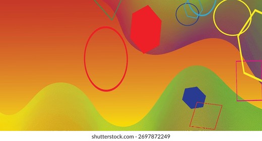 Abstract wavy background with stacked squares, circles, and hexagons. Vector design template for Brochures, Magazines, Posters, Presentations, and Portfolios.