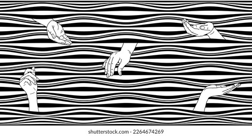 Abstract wavy black and white background with hands in different positions.  An unusual pattern with the effect of visual distortion. Vector.