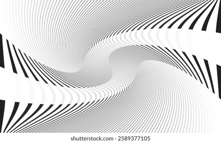 Abstract Wavy Black-and-White Optical Illusion with Distorted Flowing Lines, Creating a Dynamic and Mesmerizing Geometric Pattern