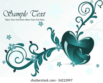 abstract wavy, blossoms background with seagreen floral and romantic heart