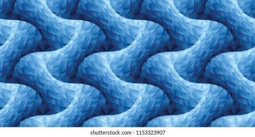 Abstract wavy blue 3d effect polygon geometry seamless pattern. Modern geometric wave tile. Embossing illusion repeatable geometric motif for header, poster, background.