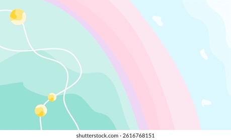 Abstract wavy blue background with pink rainbow and lines with circles. Elegant fluid or liquid pastel design for wallpaper.