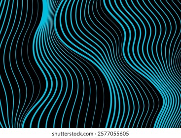 Abstract wavy blue lines on a black background, creating a dynamic and modern geometric optical illusion pattern. Minimal vector design