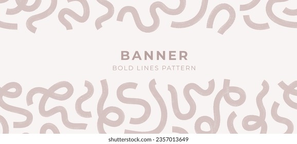 Abstract wavy bold brush strokes pattern frame. Modern grunge banner with geometric shapes, beige curved lines.