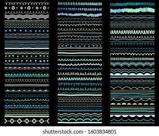 Abstract wavy calligraphic patterns, hand drawn borders, decorative design elemenis. Ornaments, brushes, greeting symbols, icons set. Festive spring, summer border, pattern scrapbooking collection. 