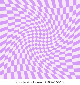 Abstract wavy checkered pattern in purple and white. The distorted grid creates an optical illusion effect. Suitable for backgrounds, design elements, and creative visuals. Vector illustration