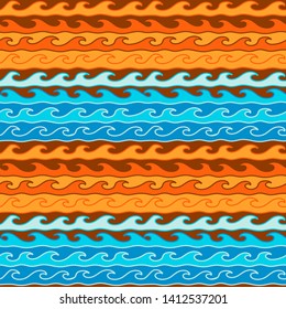 Abstract wavy cold and hot geometric colorful seamless pattern. Vector hand drawn doodle wave, stripe borders background. Blue, orange bright waves ornament.