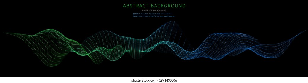 Abstract wavy color grid on black background.  Futuristic surface wireframe concept. Vector banner with dots and lines combination.