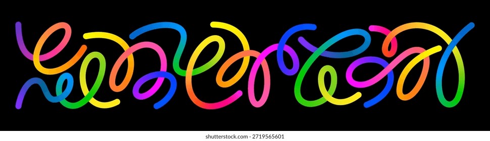Abstract Wavy Color Lines. Vector Swirl Shapes Pattern with Color Gradient. 3D Abstract Ribbon Waves on Black Background. Rainbow Line Elements Design