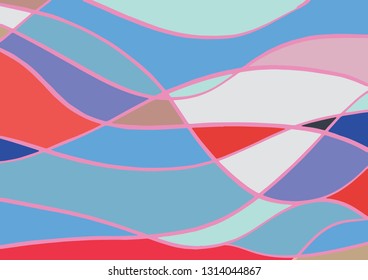 Abstract wavy colorful background with rounded shapes and lines.Texture for packaging. Futuristic style. Red, purple, aqua, blue and pink colours. Harmony concept.