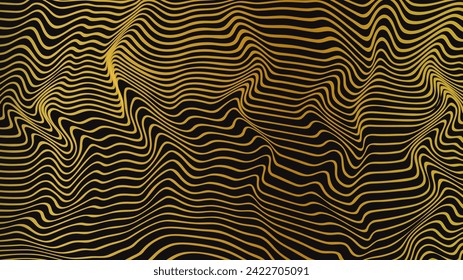 Resumen de líneas de gradiente dorado de curva ondulada aisladas en fondo negro. Ilustración del vector