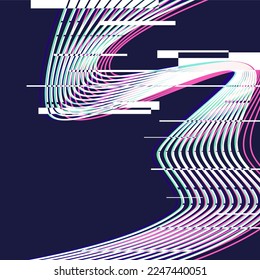 Abstract Wavy Curve Striped Lines with Glitch Leak, Dark Blue Background