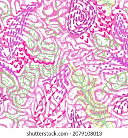 Abstract wavy curved shapes. Botanical elements. Geometric seamless pattern. Natural organic forms rounded objects seamless pattern with plants. Dashed background.