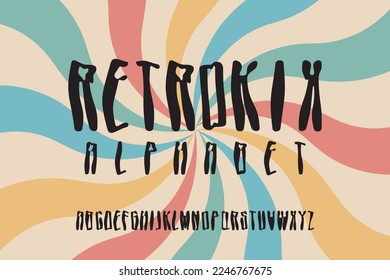 Abstract Wavy and Destroyed Retro Look Font Typeface Alphabet Letter Uppercase Font abc Type Typography Vector Design on a rays retro colors background. For posters and flyers. For designing t-shirts