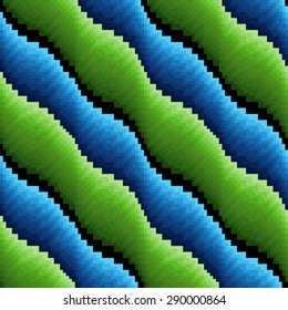 Abstract wavy diagonal stripes in blue and green hues separated by dark lines, seamless vector pattern