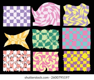 Abstract Wavy Distorted Checkered Patterns – Psychedelic Optical Illusion, Vibrant Retro Aesthetic, Colorful Geometric Backgrounds for Textile, Packaging, and Digital Design