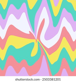 Abstract wavy distorted retro groovy background. Vector illustration of concentrated waves in 1970s hippie style. Psychedelic dynamic liquid shape