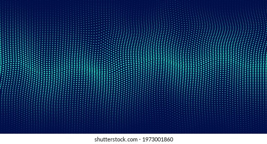 Abstract wavy dots pattern banner design with copy space. Technology green, blue particles 3D movement of sound dynamic on dark blue background. Modern futuristic concept. Vector illustration 