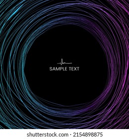 Abstract wavy drawing circles lines round frame on black background