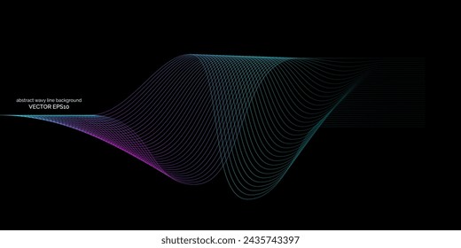 Abstract wavy dynamic blue green violet light lines curve banner on black background in concept technology, neural network, neurology, science, music, neon light.